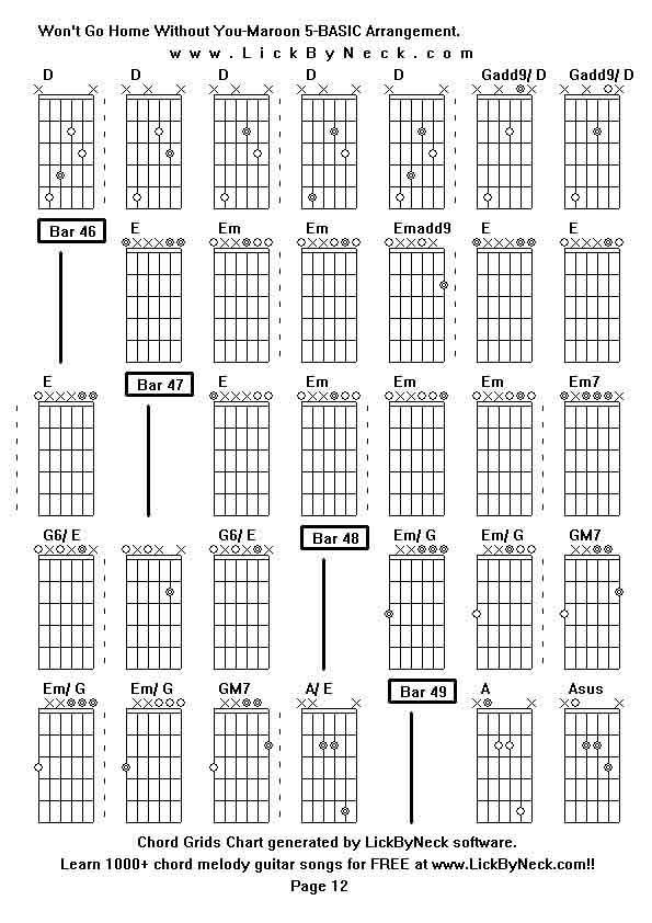 Chord Grids Chart of chord melody fingerstyle guitar song-Won't Go Home Without You-Maroon 5-BASIC Arrangement,generated by LickByNeck software.